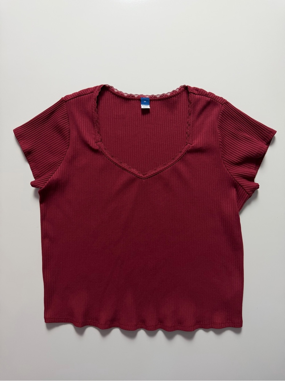 Old Navy Ribbed Lace Accent Short Sleeve Top, Burgundy Red, Size 2X